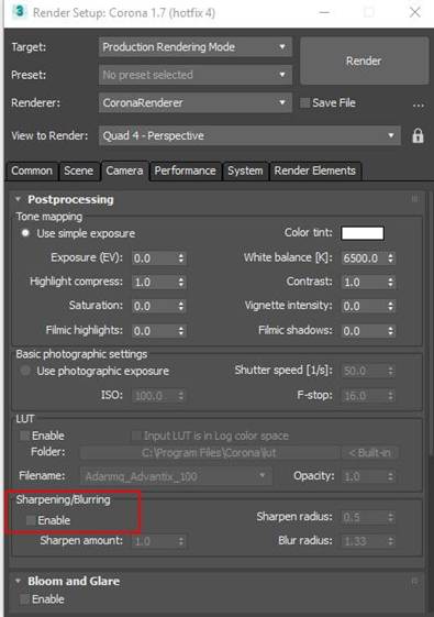 Corona Sharpening/Blurring enable checkbox screenshot